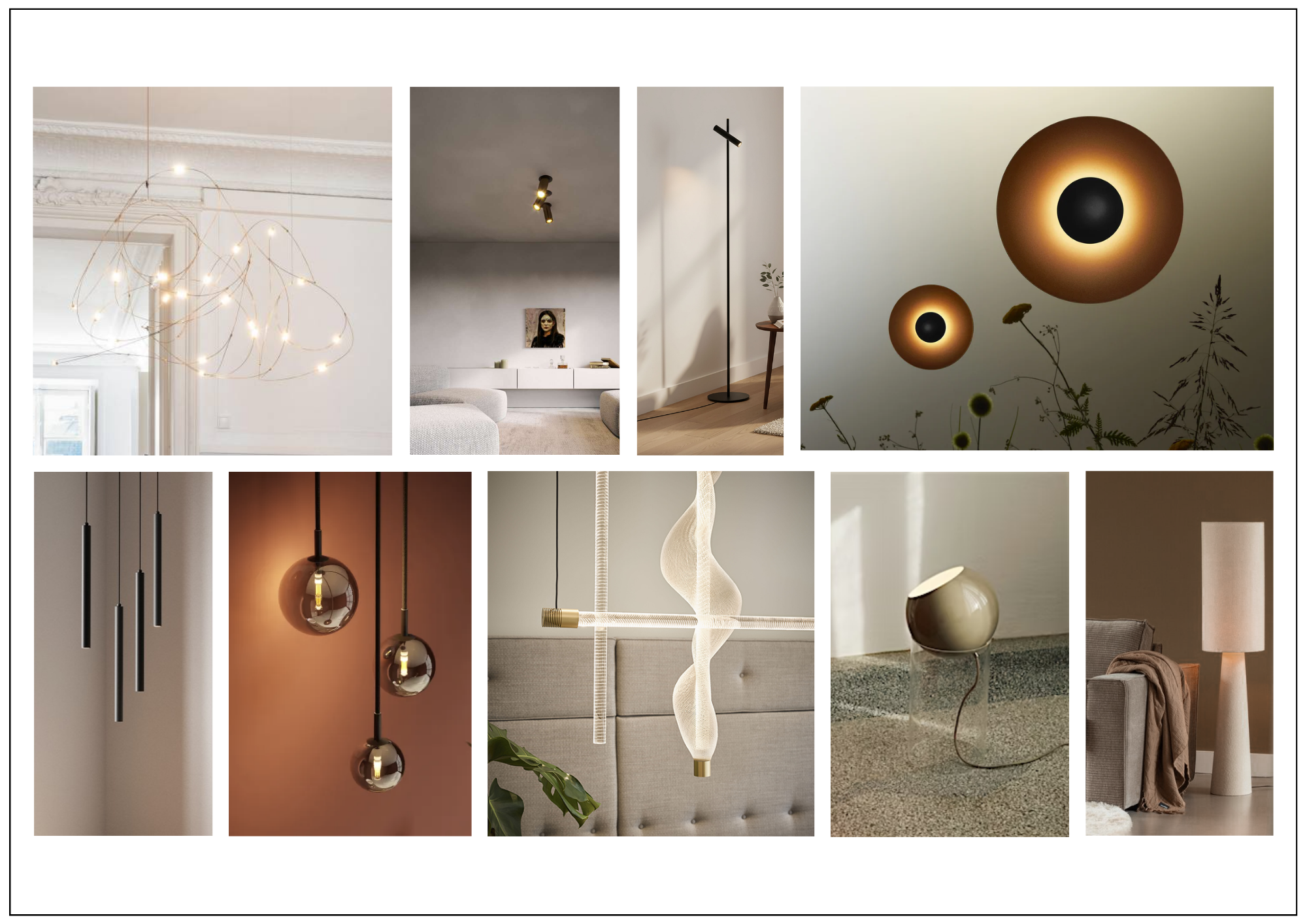 Sfeerbeeld van de armaturen uit het lichtplan voor een woningmakeover in Barneveld, samengesteld door interieurontwerper Mariska van de Laar.
